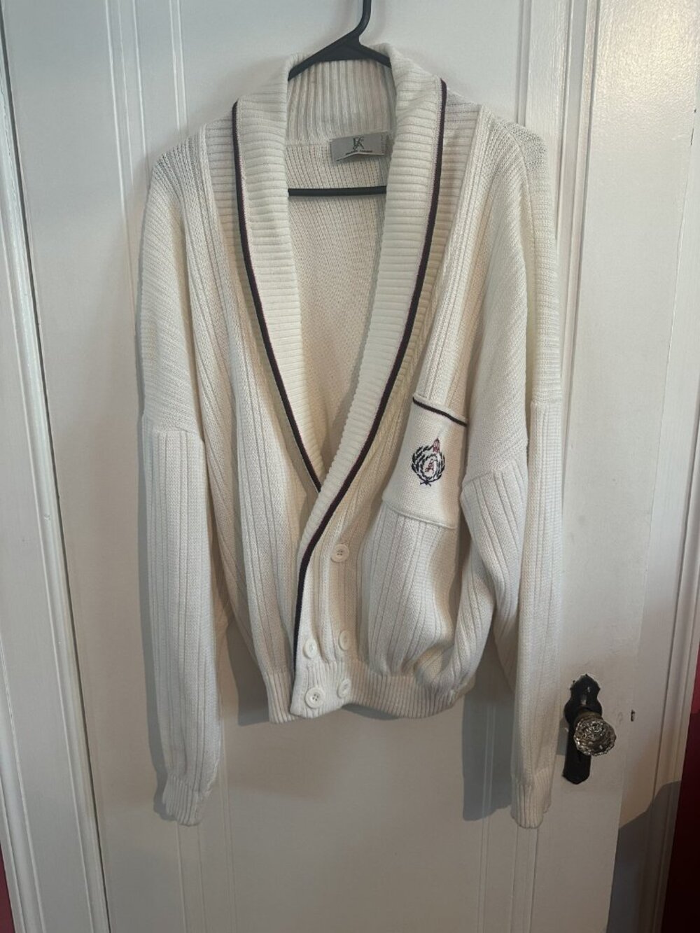 Vintage FA Moda Uomo Cream Shawl Collar Cardigan M Made in Italy Crest Pocket